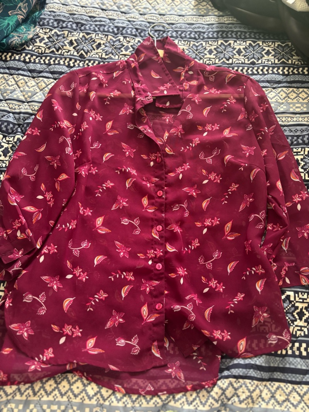 Floral Button-Down Sheer Blouse in Deep Berry